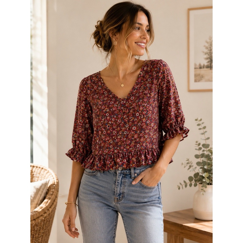 Rose & Thyme Women's M Floral Blouse V Neck Ruffle Hem 3/4 Sleeve Boho